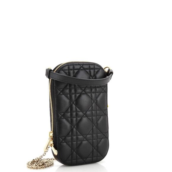 Christian Dior Lady Dior Phone Holder on Chain Cannage Quilt Lambskin Black - Picture 2 of 6